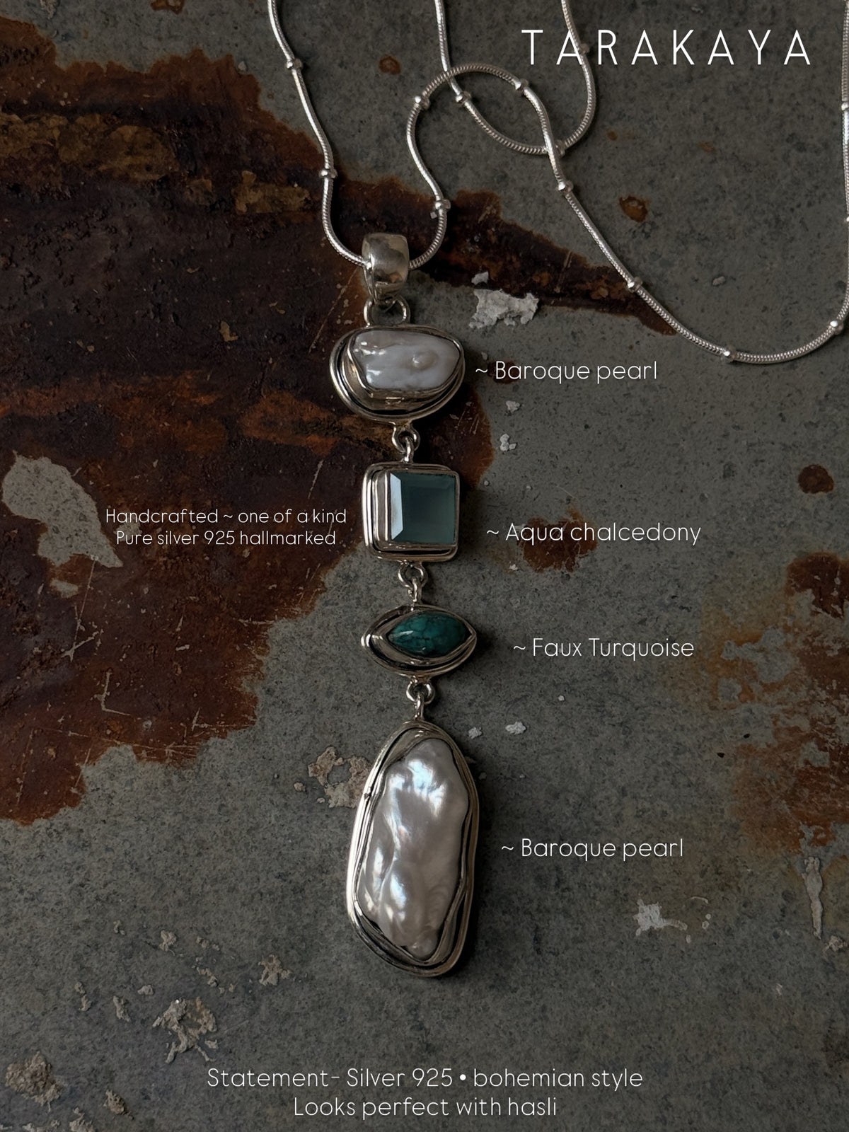 925 Sterling Silver Baroque Pearls, Aqua Chalcedony, Faux Turquoise Pendant