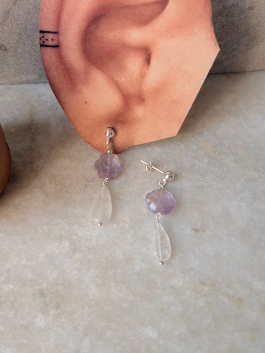 925 Sterling Silver Amethyst Flower , Peridot & Moonstone Earrings