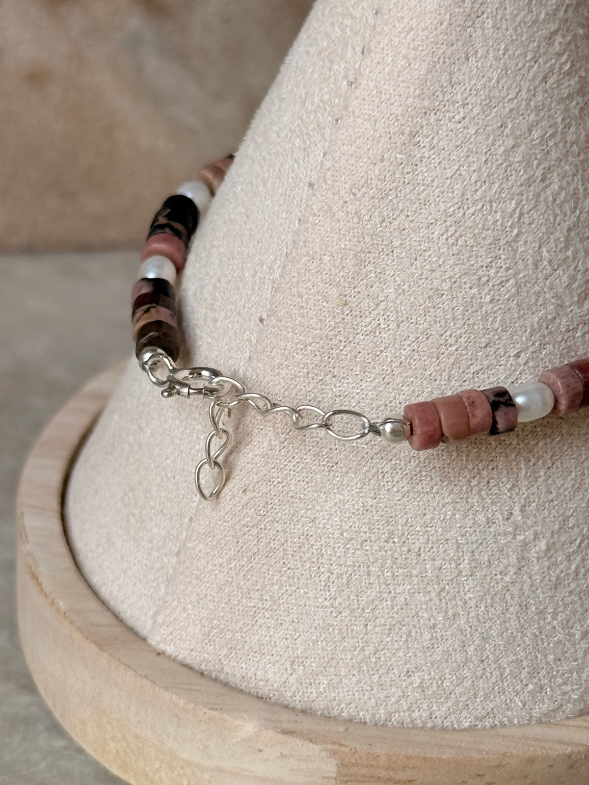 925 Sterling Silver Rhodonite Flat Tube Crystal Fresh Water Pearls Bracelet