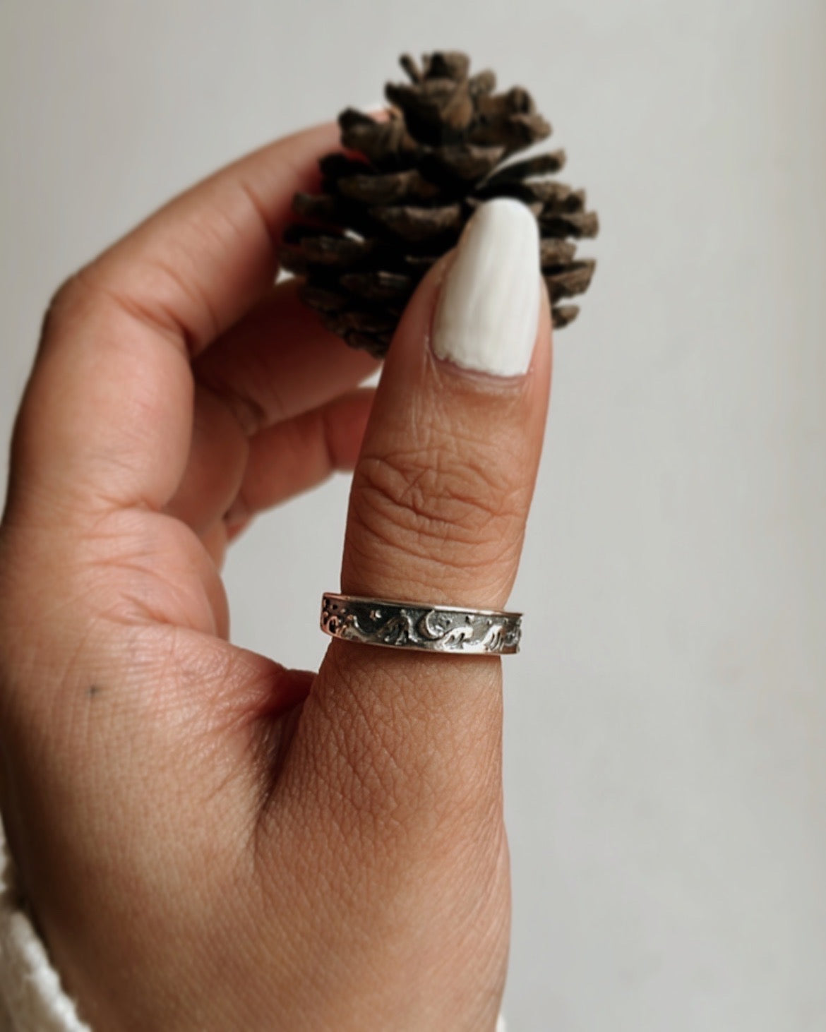 Sterling Silver Adjustable Ring for Astrology Lovers with Moon and Waves