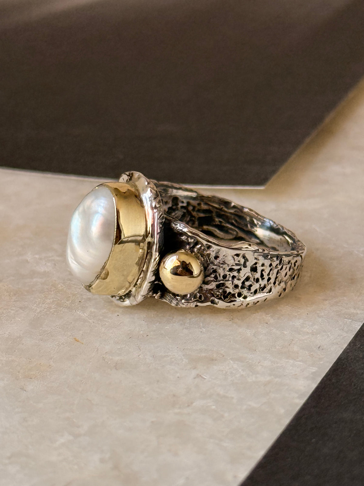925 Sterling Silver Baroque Pearl Rustic Fusion Handcrafted Ring