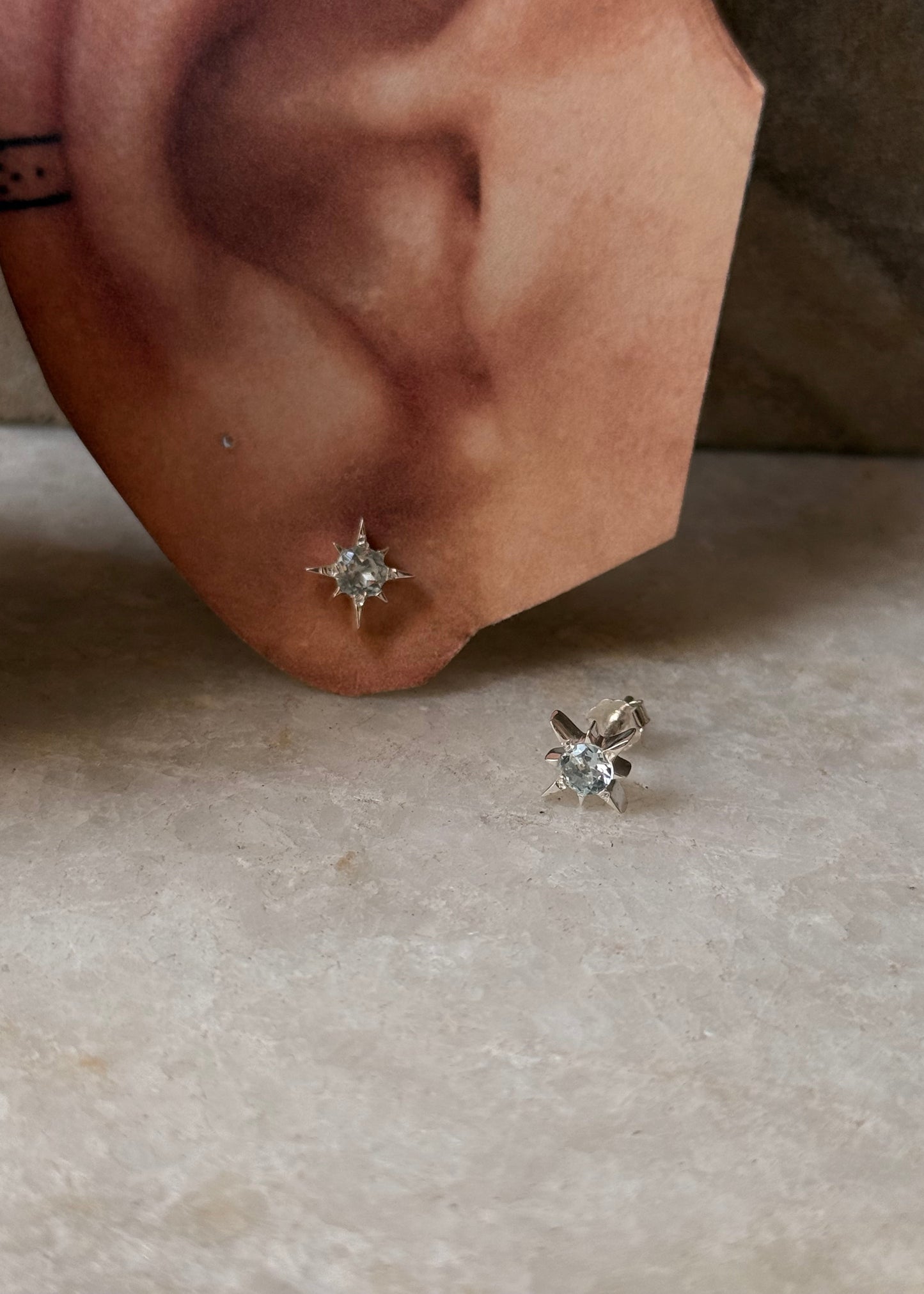 925 Sterling Silver North Star Blue Topaz Studs Earrings