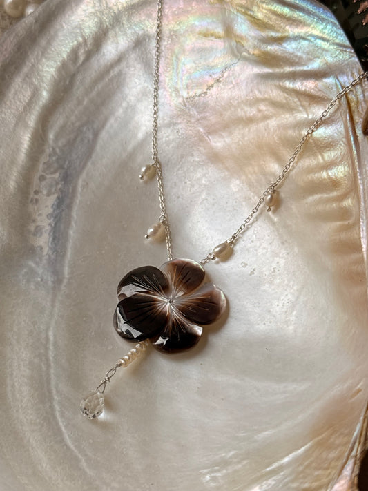 925 Sterling Silver Brown Mother Of Pearl Flower Carved , Fresh Water Pearls Charms & Clear Quartz Drop Handcrafted Dainty Necklace