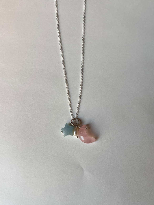 925 Sterling Silver Rose Quartz Moon, Aquamarine Star and Fresh Water Pearl Handcrafted Dainty Necklace