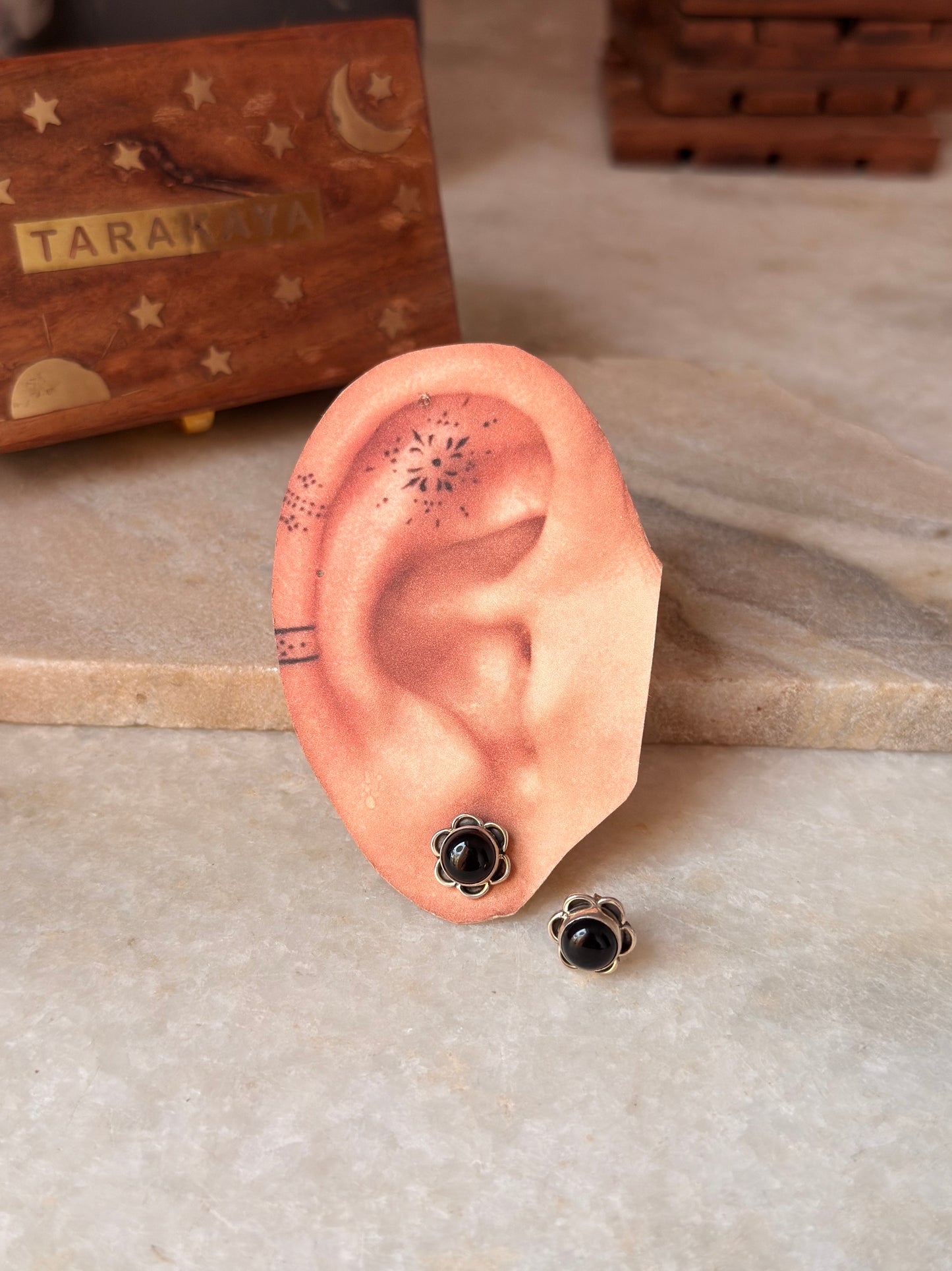 925 sterling silver Black Onyx Flower Studs Earrings