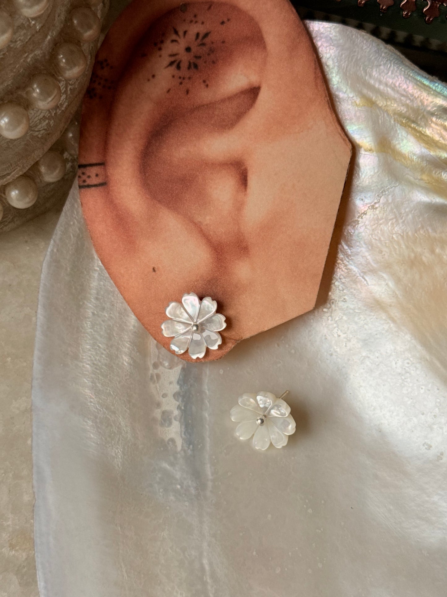 925 Sterling Silver Mother of Pearl Flower Carved - 2mm Tiny Studs- 2 in 1