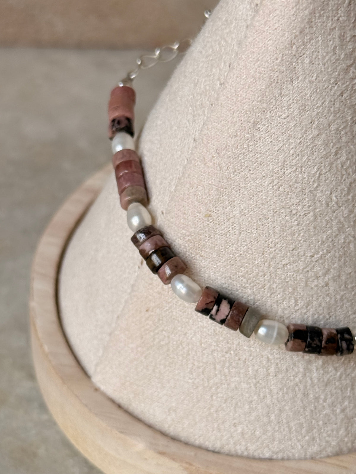 925 Sterling Silver Rhodonite Flat Tube Crystal Fresh Water Pearls Bracelet