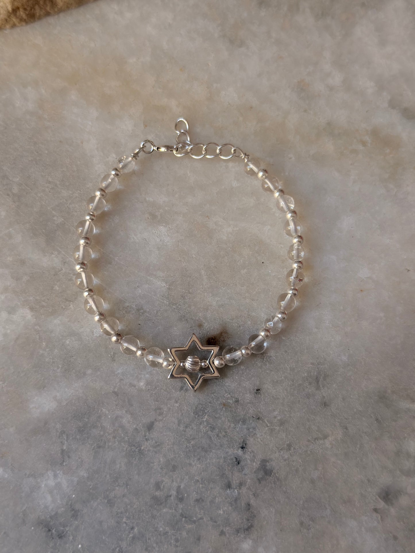925 Sterling Silver Clear Quartz 4mm Silver Star Charm and Silver Disco Beads Bracelet - Beaded in Pure Silver 925 Wire