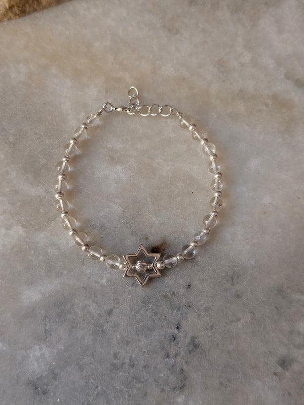 925 Sterling Silver Clear Quartz 4mm Silver Star Charm and Silver Disco Beads Bracelet - Beaded in Pure Silver 925 Wire