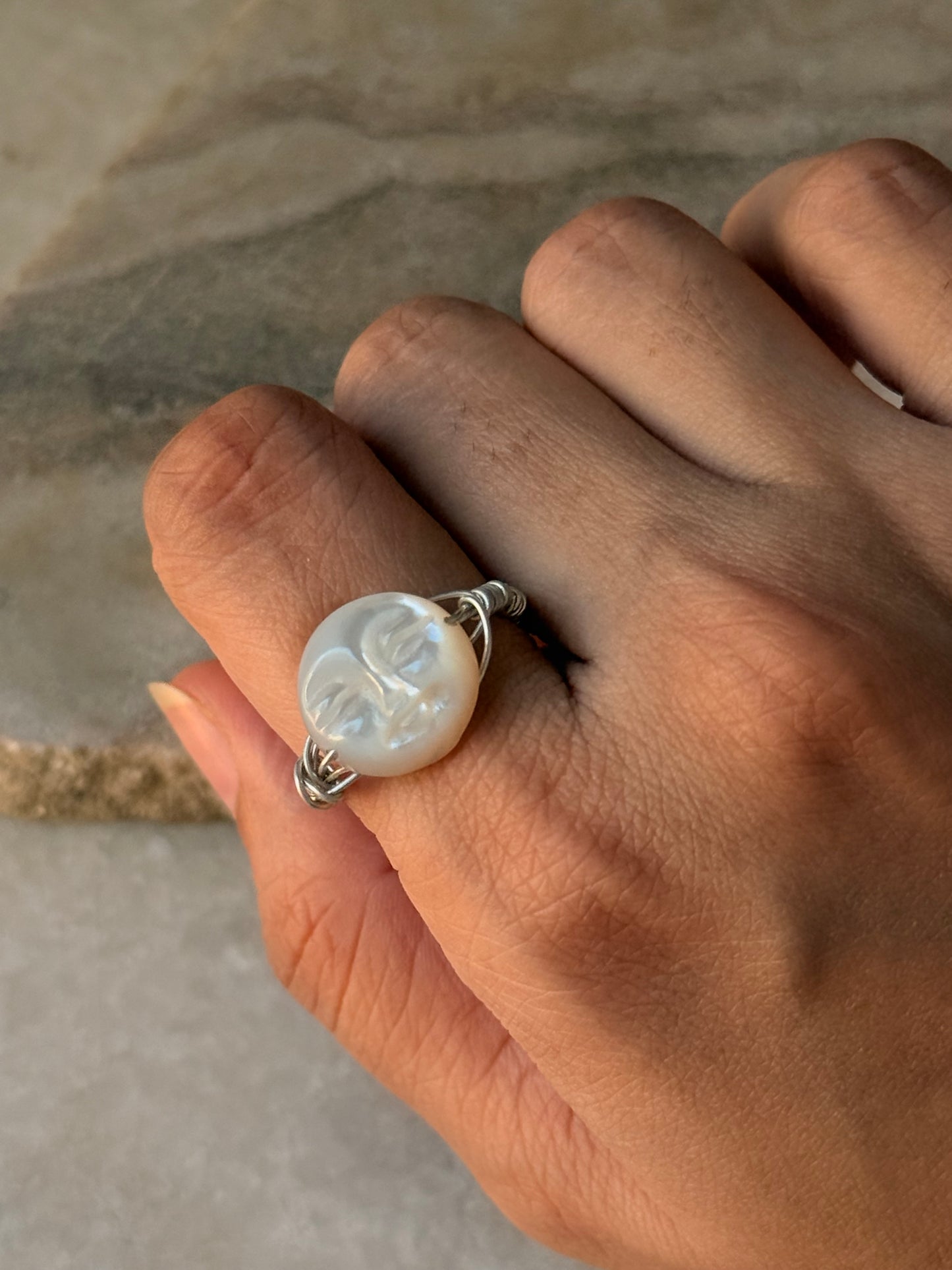 925 Sterling Silver Mother of Pearl Moon Face Wire Wrapped Handcrafted Ring
