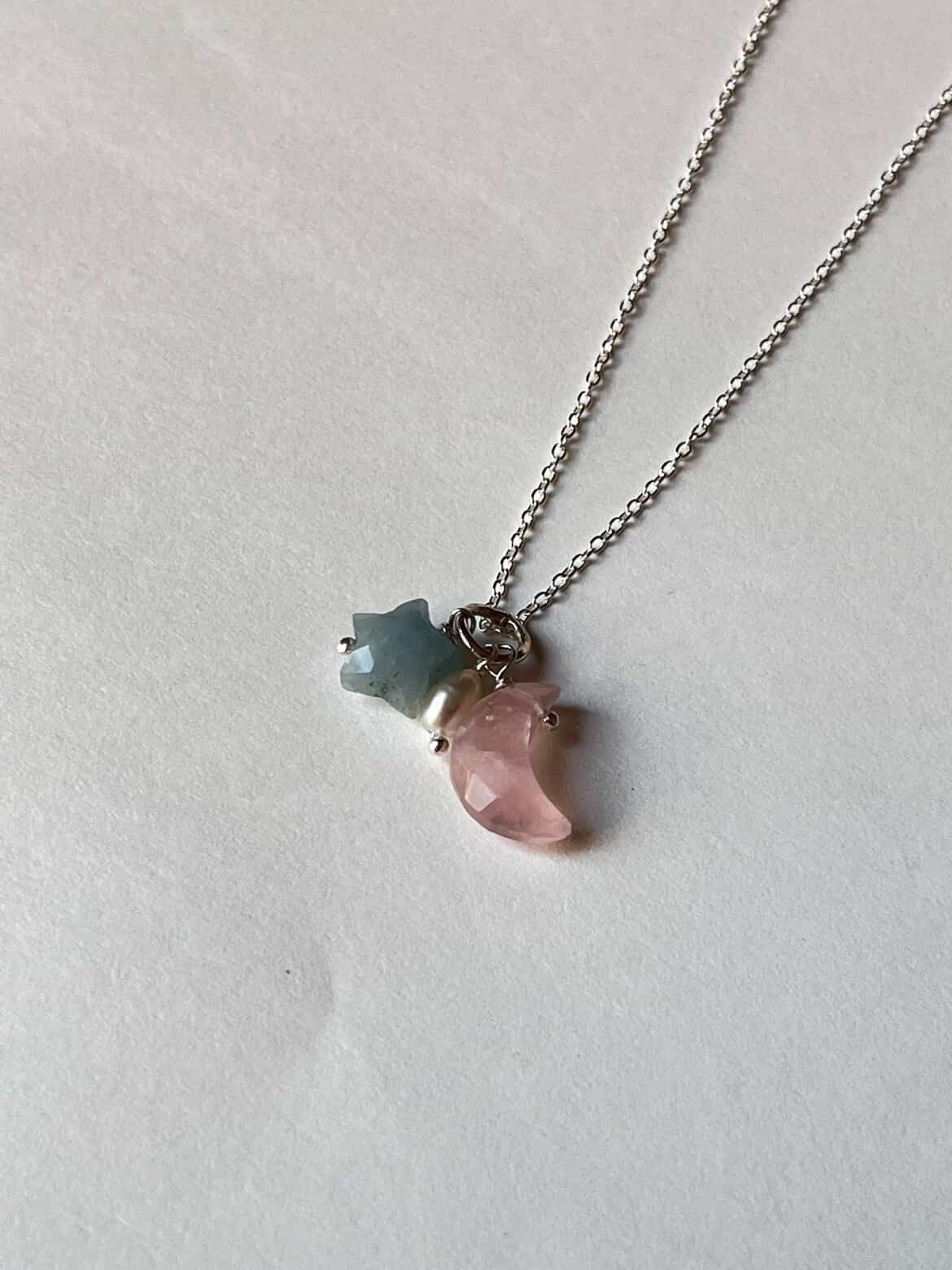 925 Sterling Silver Rose Quartz Moon, Aquamarine Star and Fresh Water Pearl Handcrafted Dainty Necklace