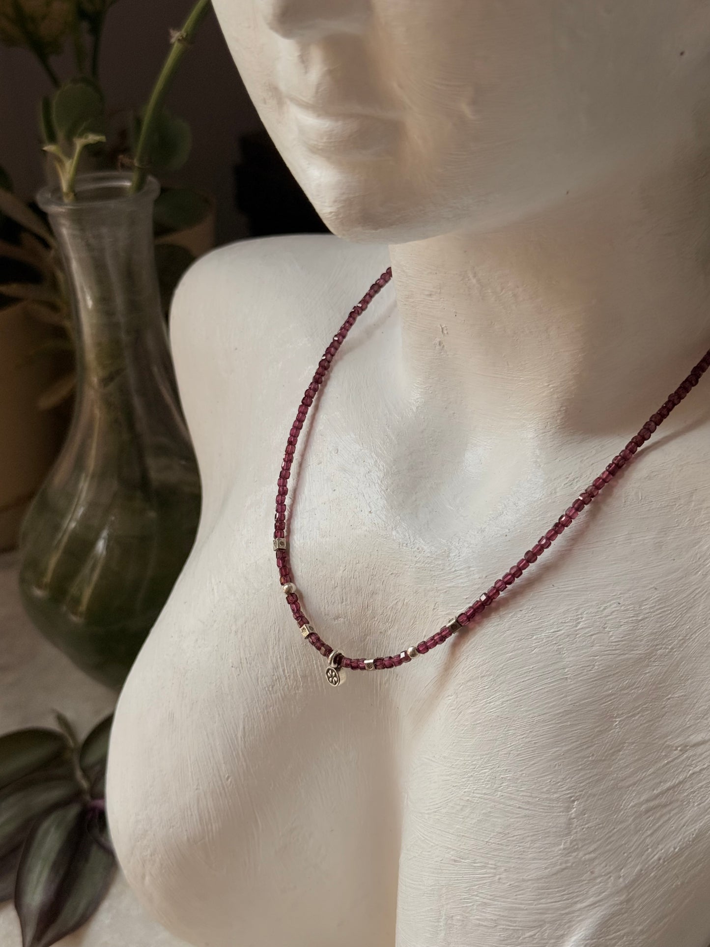 925 Sterling Silver Garnet Box 2mm Flower Charm Necklace
