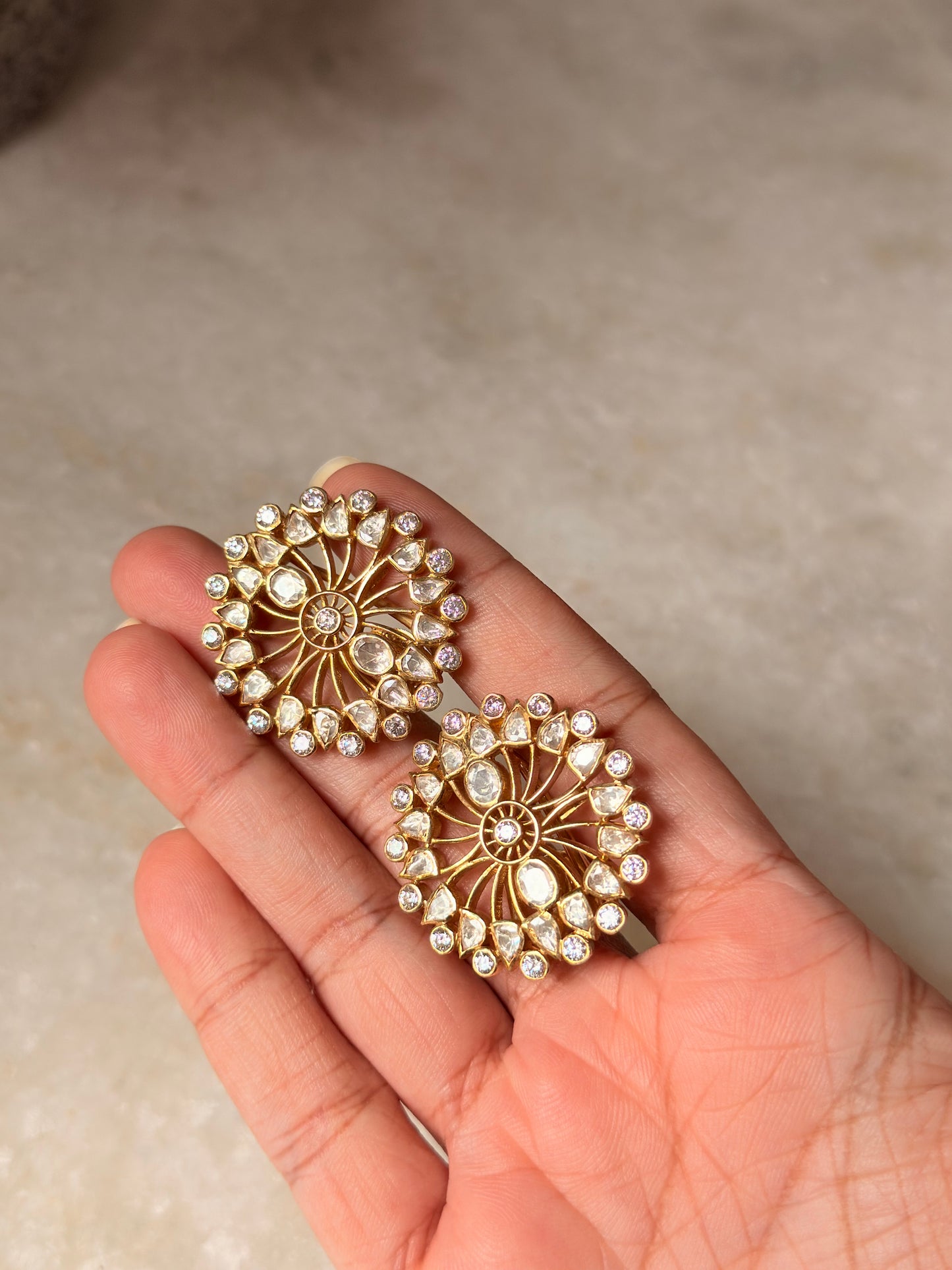 Floral Moissanite Polki Earrings in 925 Sterling Silver with Gold Plating