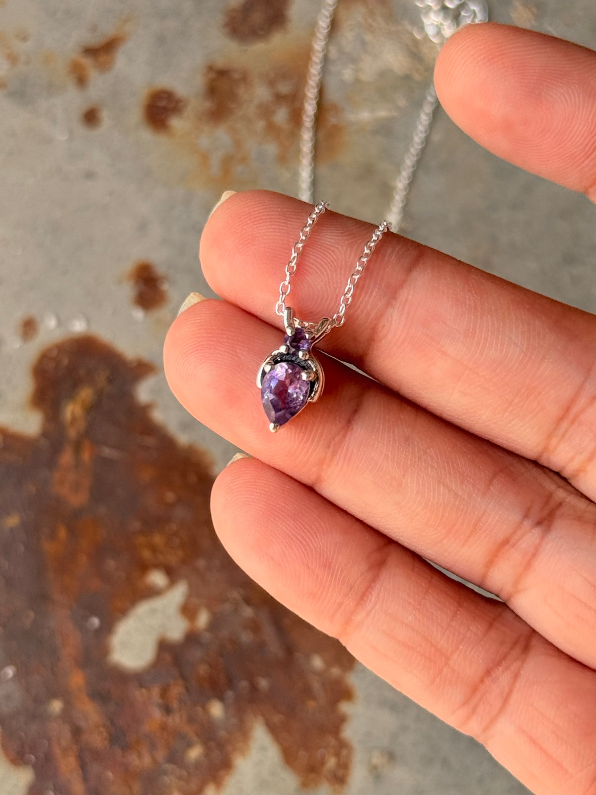 925 Sterling Silver Amethyst Round Pear Solitaire Necklace