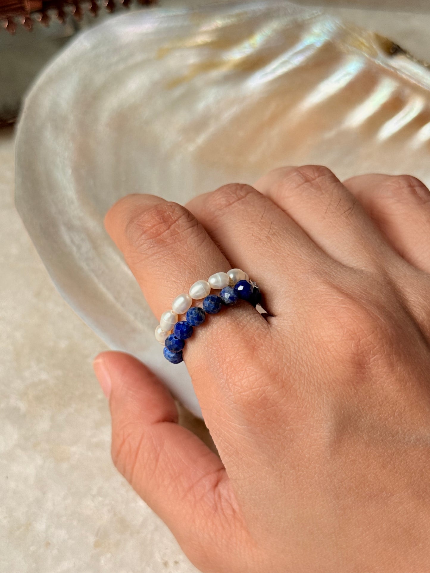 Natural Crystal Stretchy Lapis Lazuli 3-4mm & Fresh Water Pearl Rings