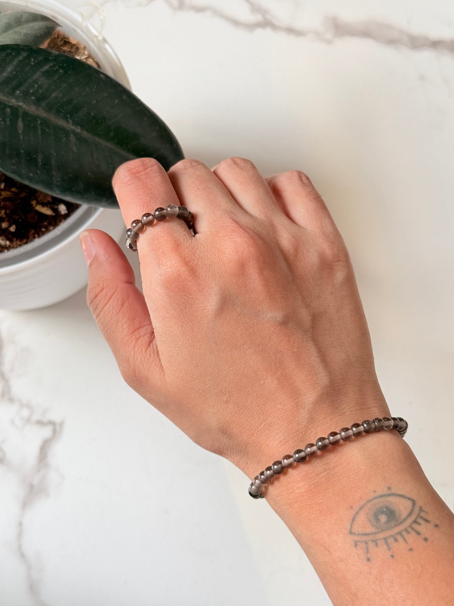 Natural Crystal Smokey Quartz 4mm Stretchy Ring & Bracelet