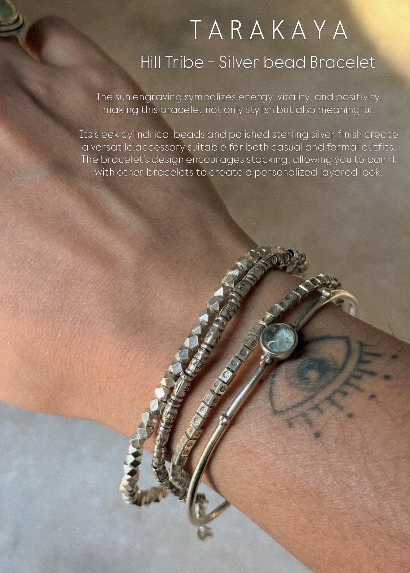 925 Sterling Silver Sun Handengraved Cylinder Hill Tribe Beads In Pure Silver Wire Handcrafted Stack Bracelet