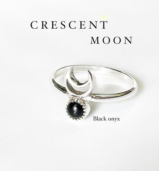 Unique black onyx crescent moon ring in sterling silver for a mystical touch.