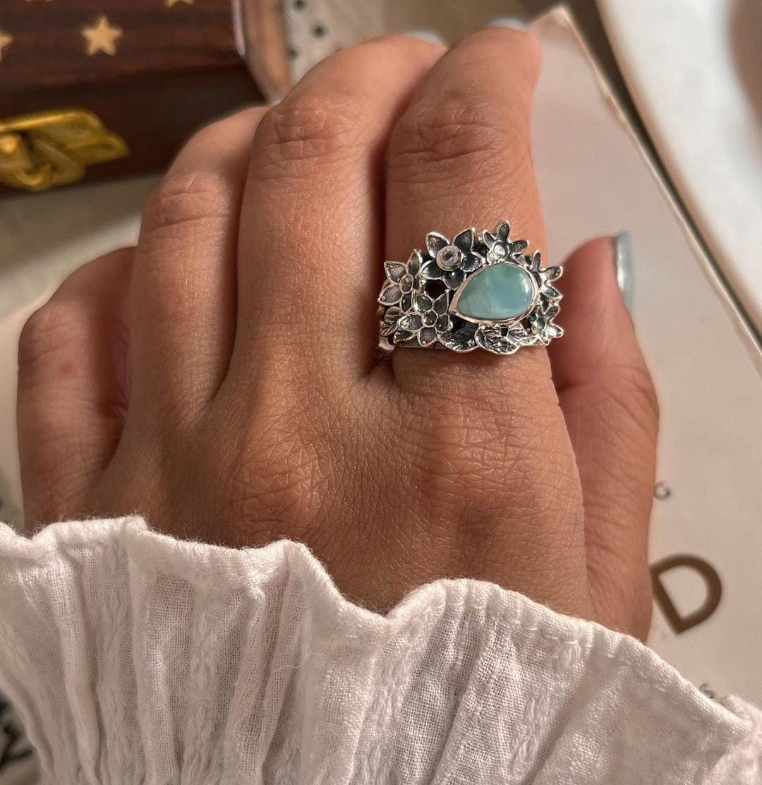 Statement Larimar Ring in Sterling Silver with Forest Design