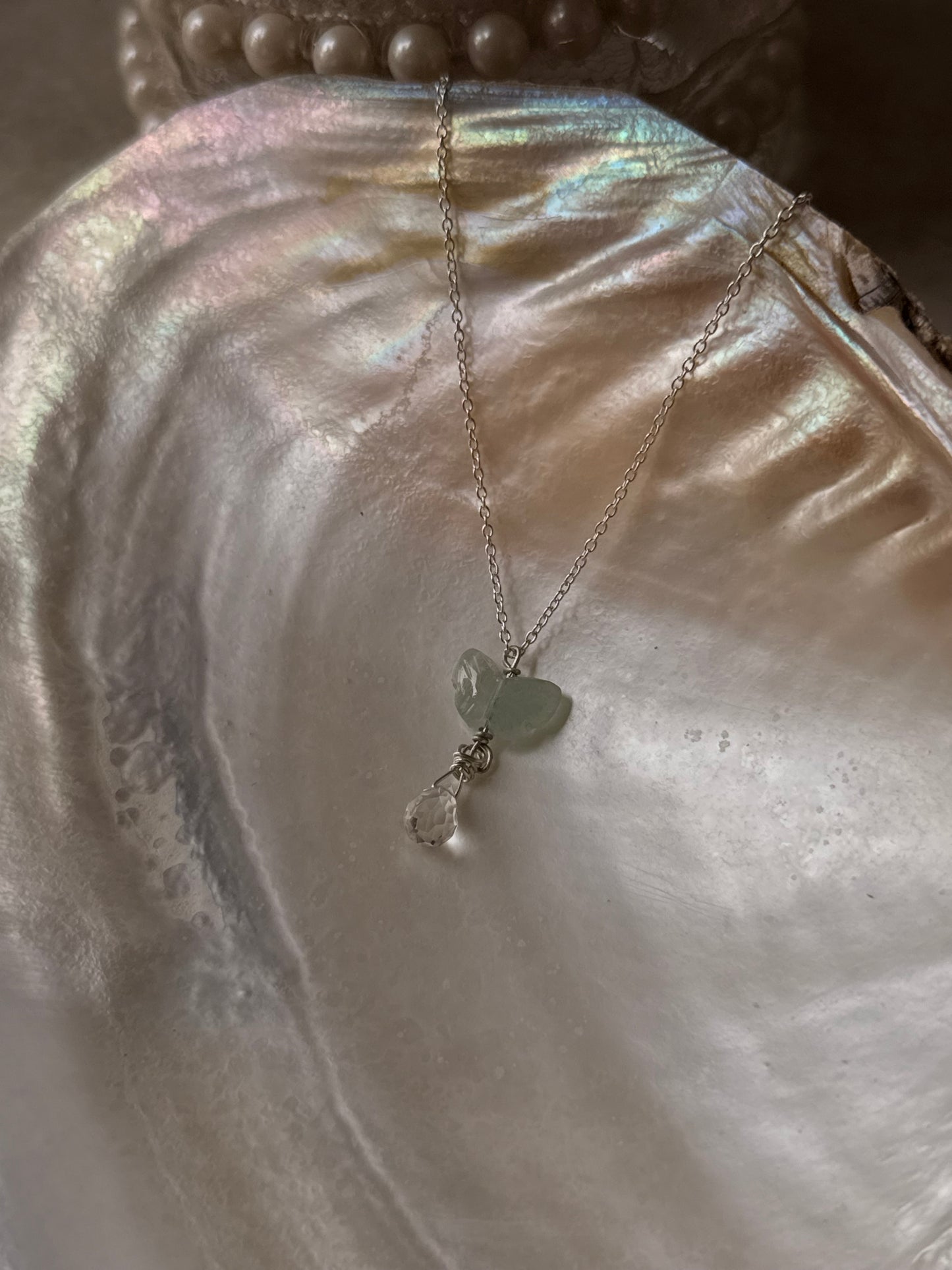 925 Sterling Silver Aquamarine Butterfly, Clear Quartz Drop Handcrafted Necklace