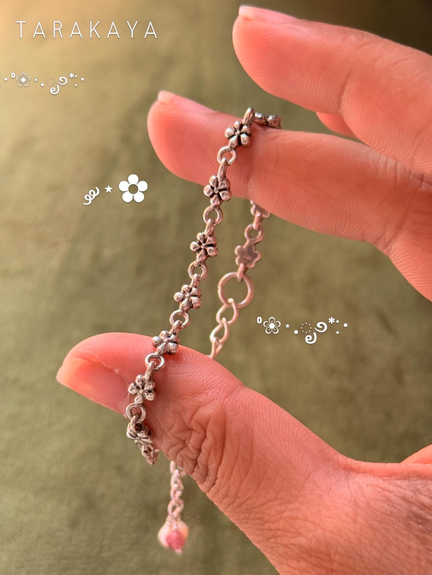 925 Sterling Silver Antique Cherry Blossom Flowers ~ Pink Tourmaline & Fresh Water Pearl Charm Bracelet