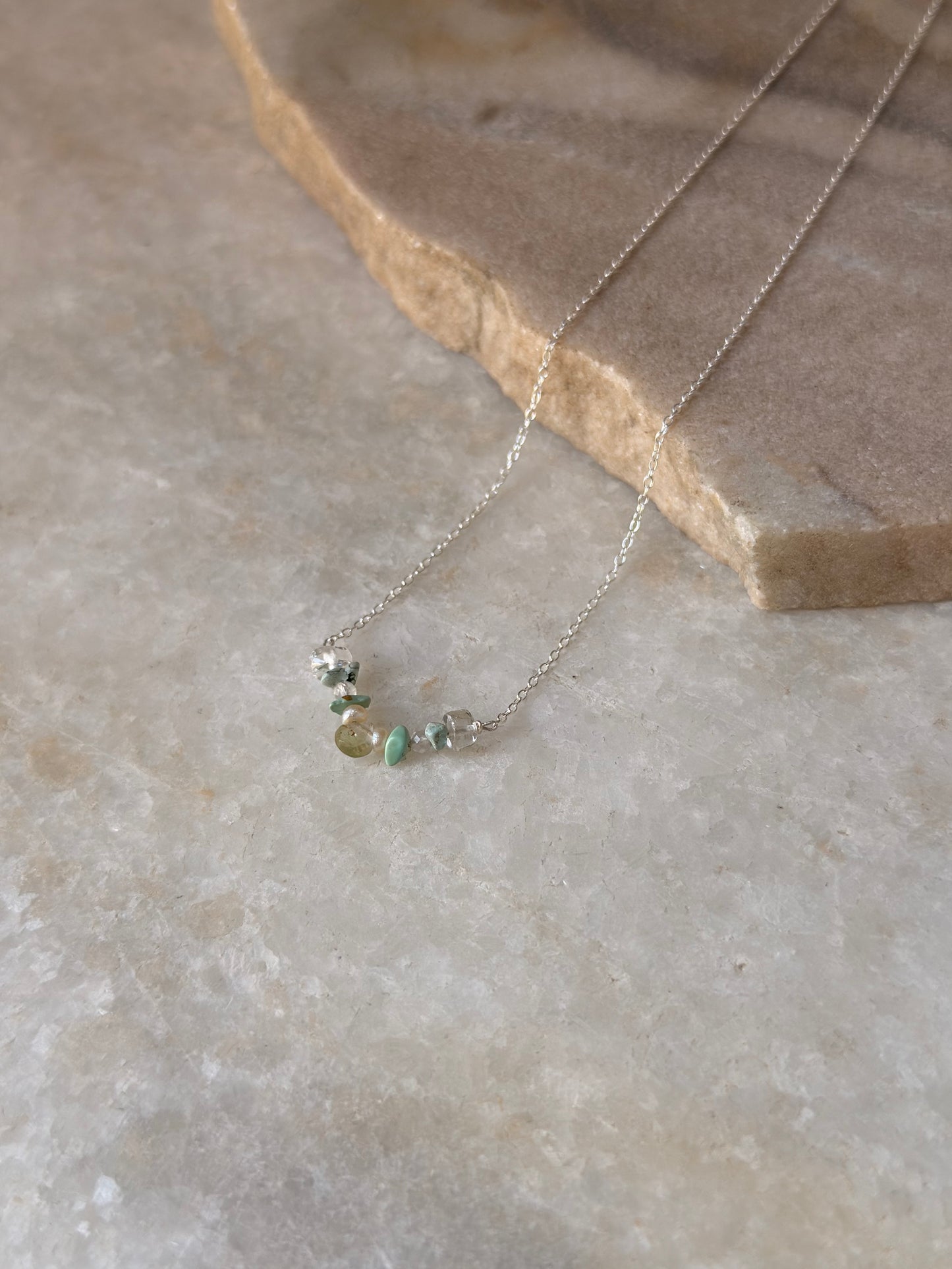 925 Sterling Silver Green Tourmaline Pear, Pearls, Turquoise & Clear Quartz Handcrafted Necklace