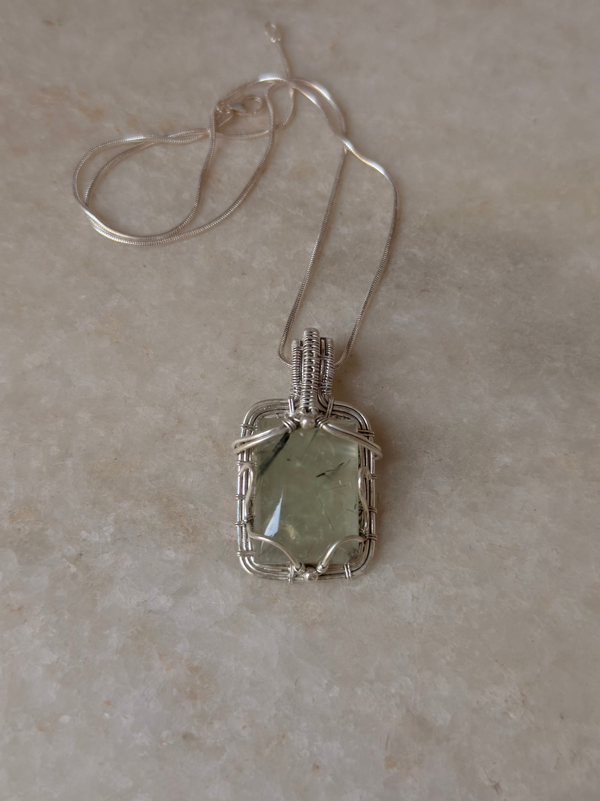 925 Sterling Silver Pherenite  Rectangle Wire Wrapped Handcrafted One of a Kind Pendant