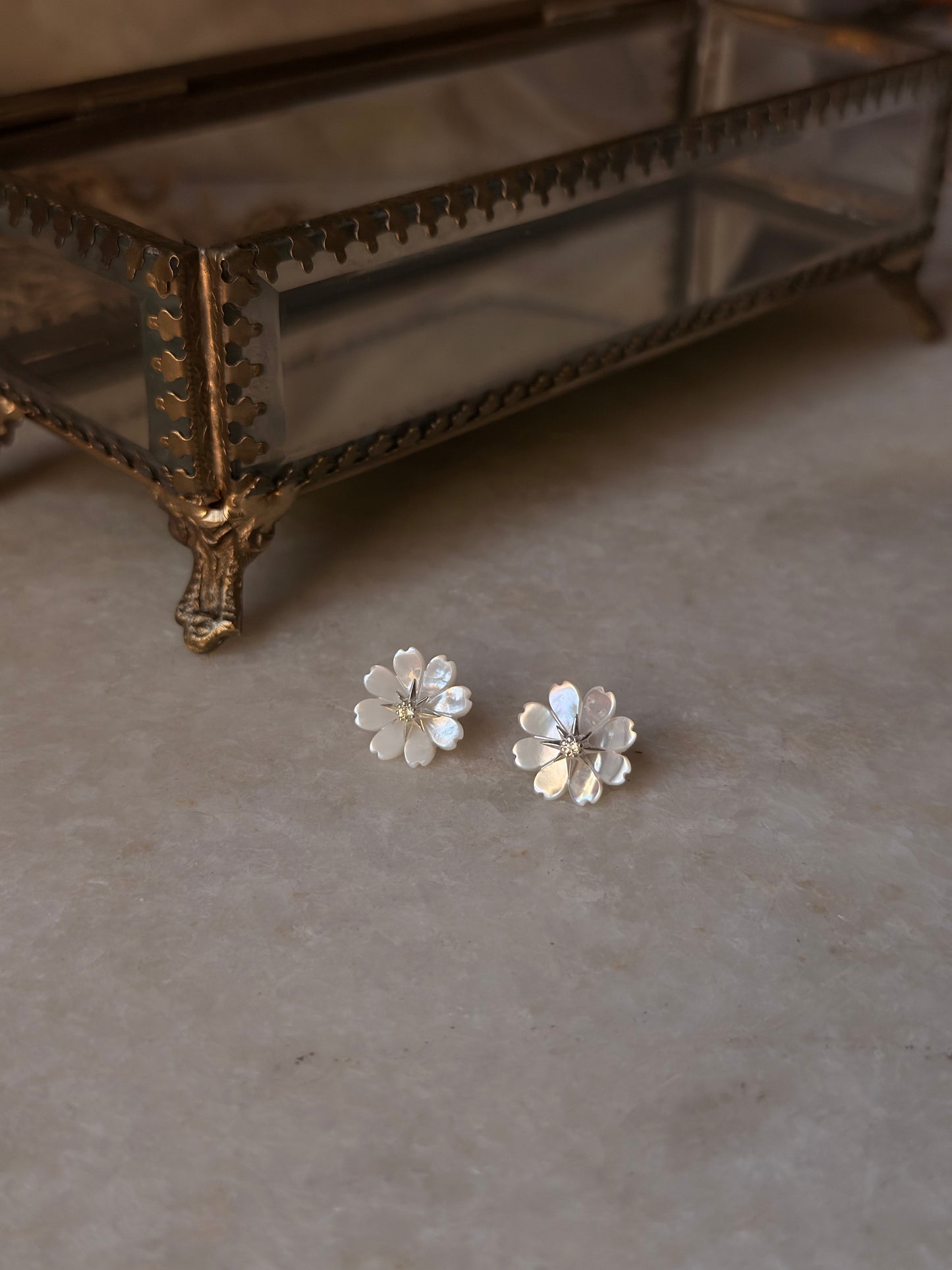 925 Sterling Silver Mother of Pearl Flower Carved , White Topaz North Star Studs - 2 in 1