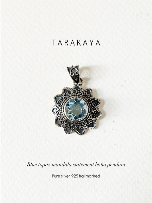 Blue Topaz Mandala Boho 925 Sterling Silver Pendant