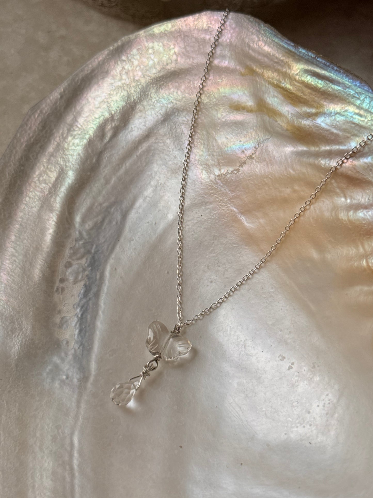 925 Sterling Silver Clear Quartz Butterfly, Clear Quartz Drop Handcrafted Necklace