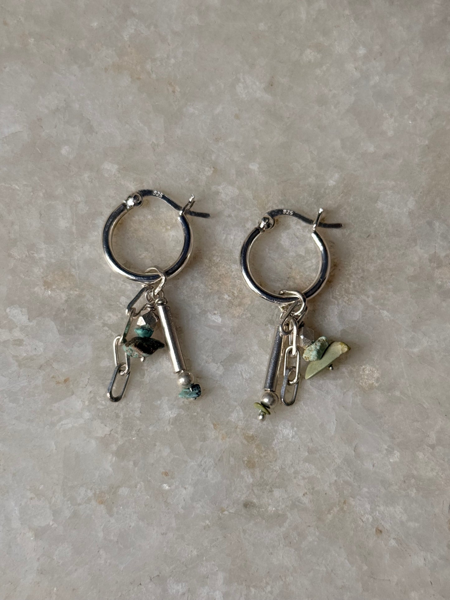 925 Sterling Silver Turquoise Beads, Silver Beads , Paper Clip Chain Hangings Removable Charms Self Designed Handcrafted Italian Hoops Earrings