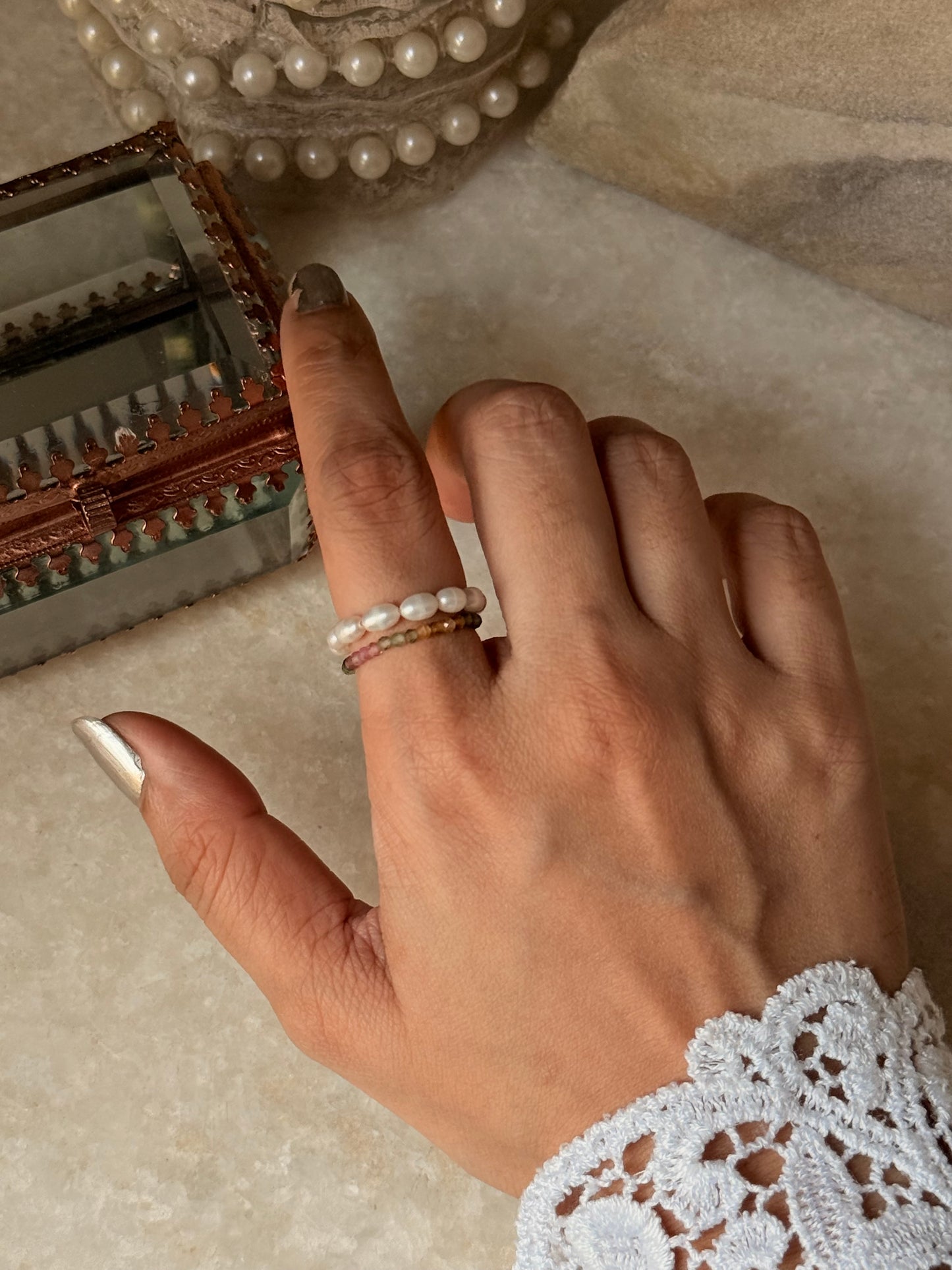 Natural Crystal Stretchy Fresh Water Pearls & Multi Tourmaline Rings