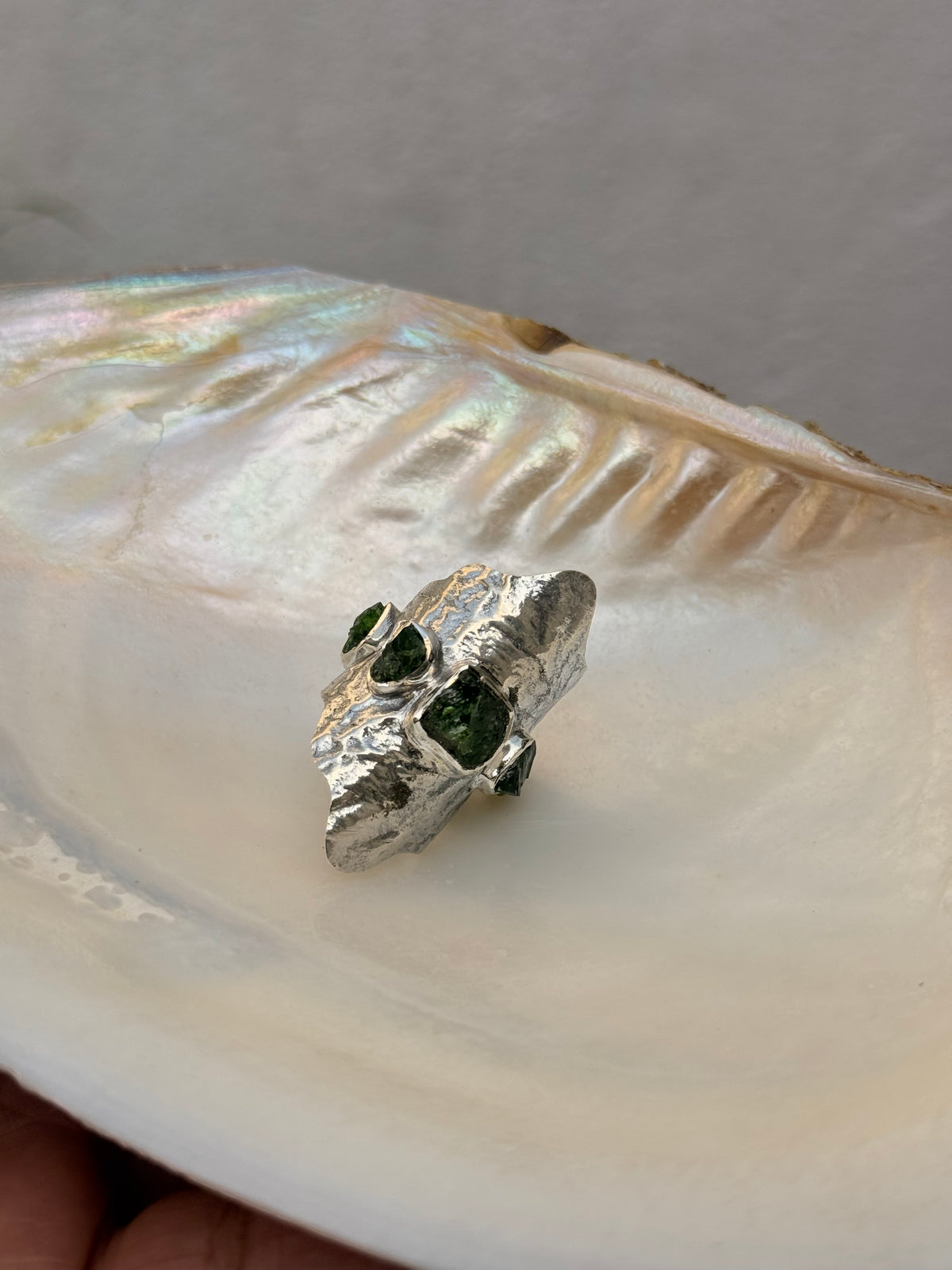 925 Sterling Silver Green Tourmaline Raw Uncut Molten Textured Statement Handcrafted Ring