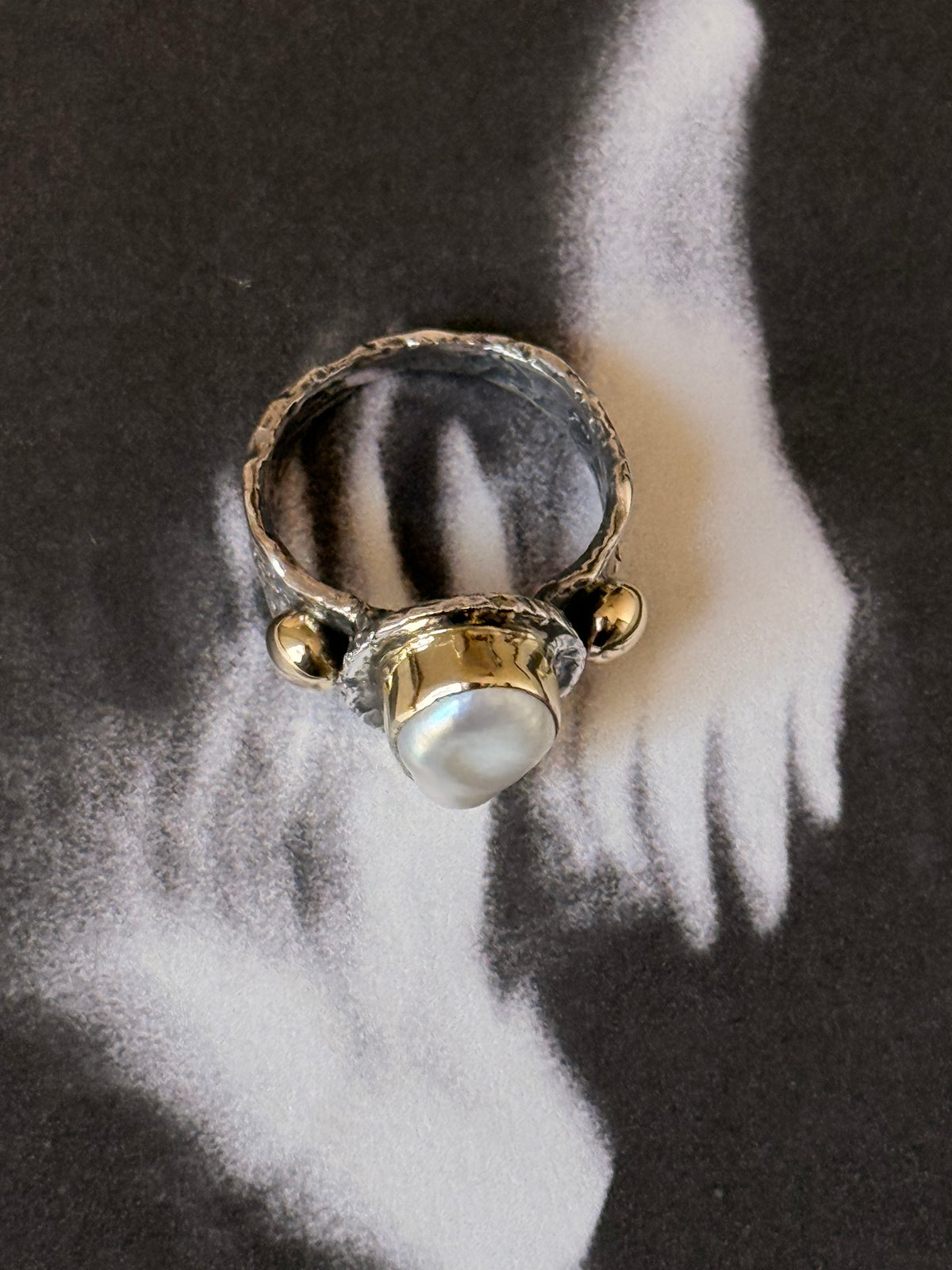 925 Sterling Silver Baroque Pearl Rustic Fusion Handcrafted Ring