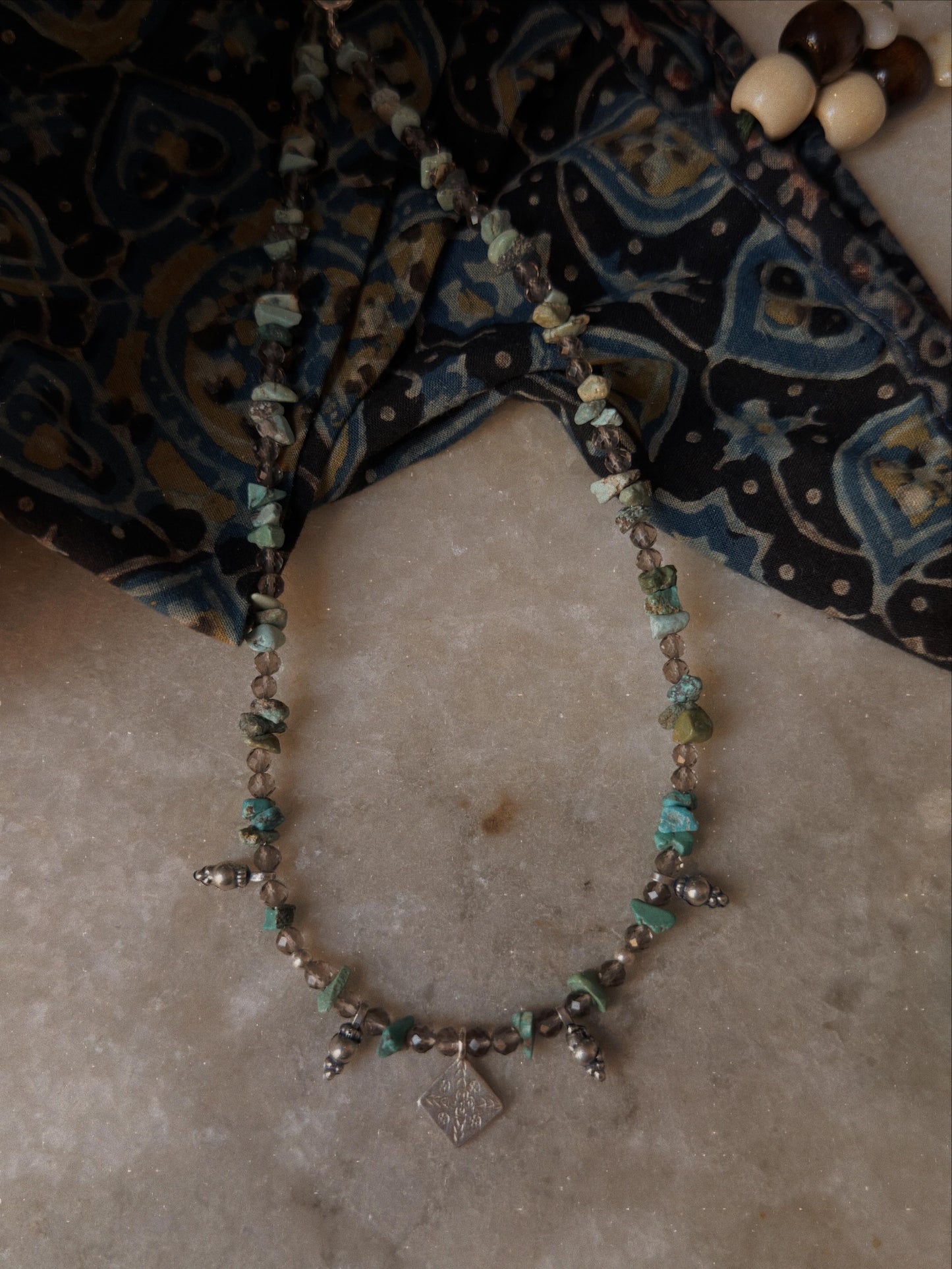 925 Sterling Silver Turquoise & Smokey Quartz Tribal Necklace