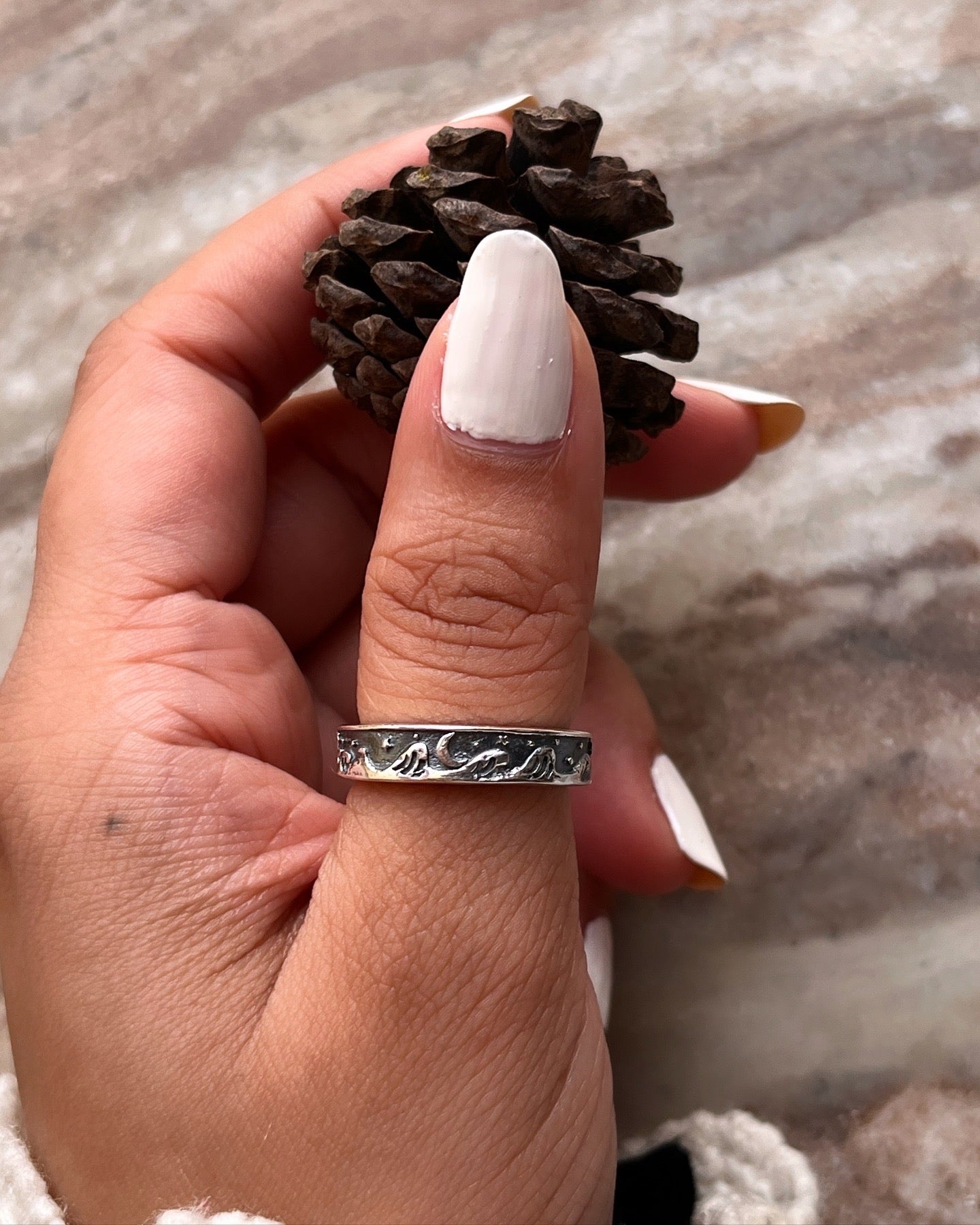 Celestial Adjustable Silver Ring with Waves, Moon, and Stars