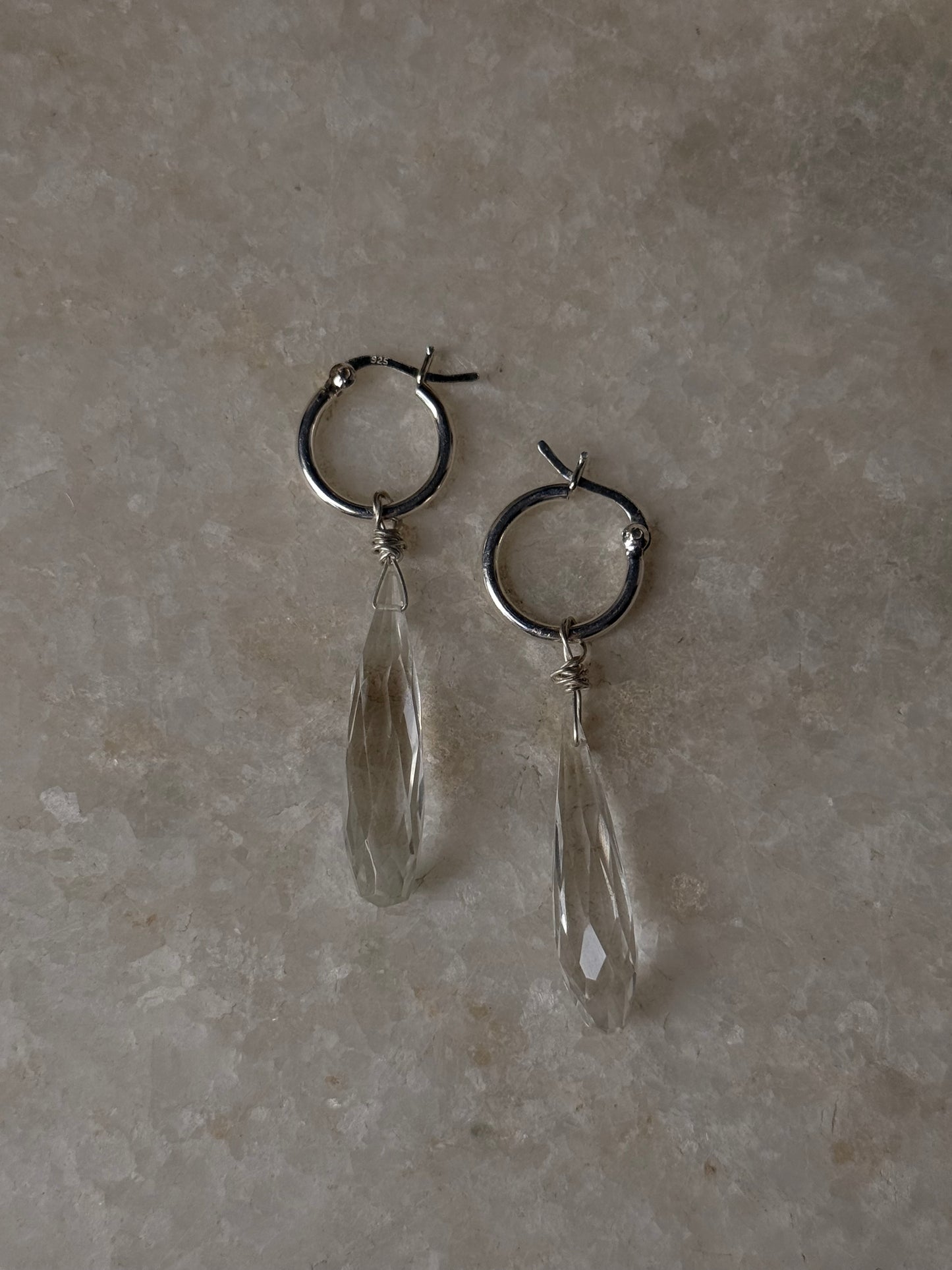 925 Sterling Silver Clear Quartz Drop Carved Charm Italian Hoops Handcrafted