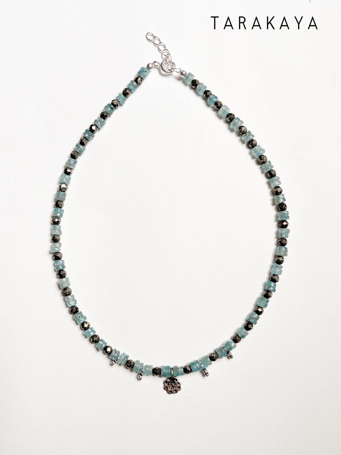 Blue Apatite & Pyrite Silver Charms Boho Choker Handcrafted Sterling Silver 925 Necklace