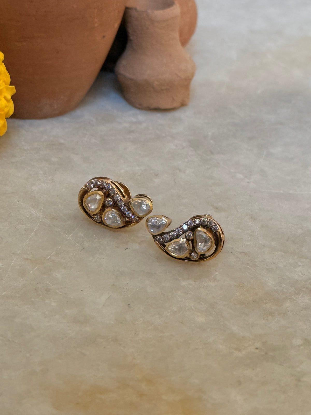 925 Sterling Silver Gold Plated Moissanite Polki Paisley Studs Earrings