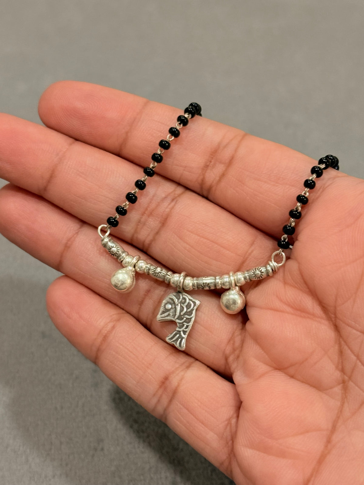 925 Sterling Silver Fish Sun Engraved Cylinder Beads  Handcrafted Hill Tribe-One of a Kind Boho Style Mangalsutra
