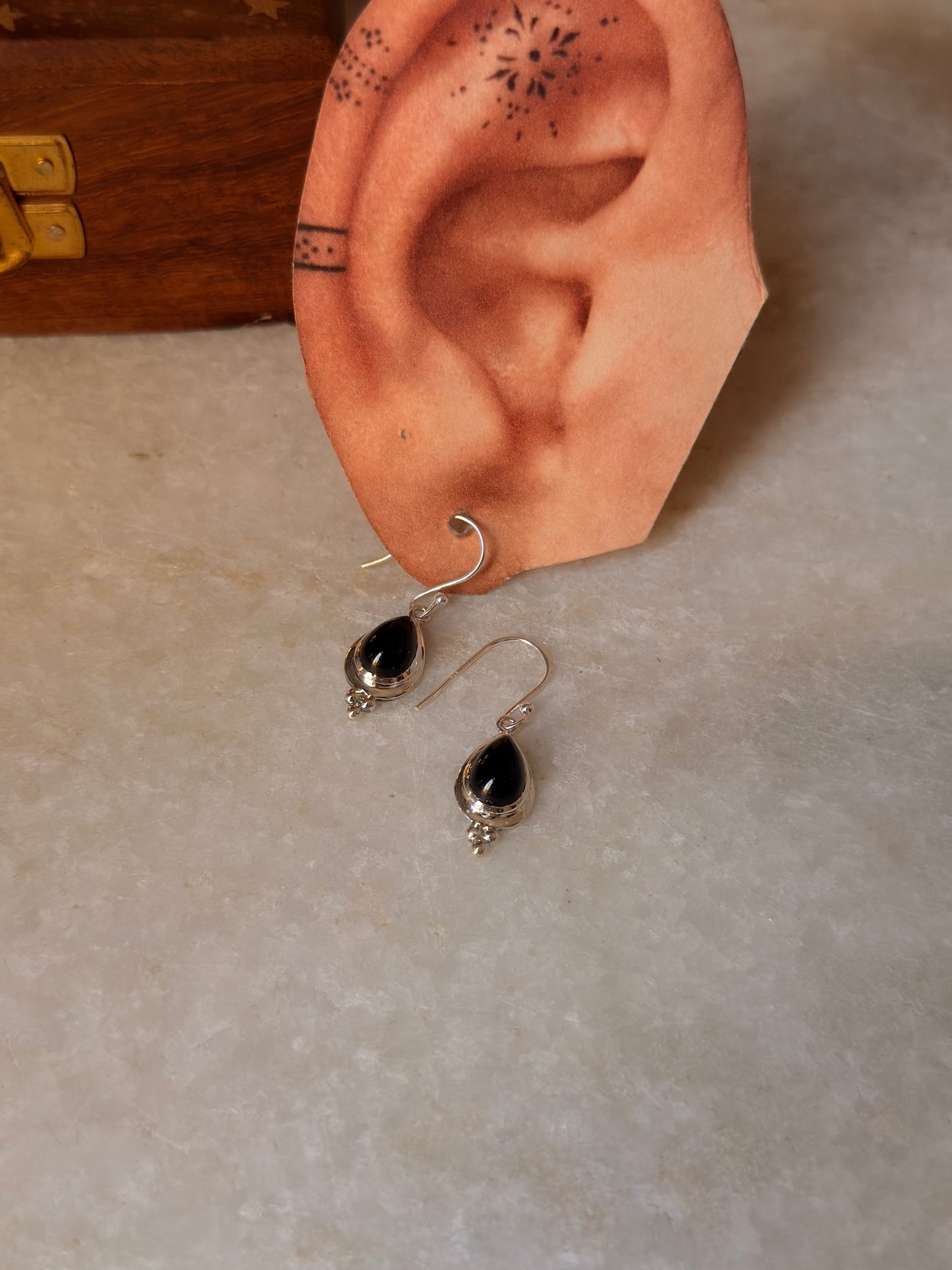 925 Sterling Silver Black Onyx Pear Rawa Handcrafted Hook Earrings