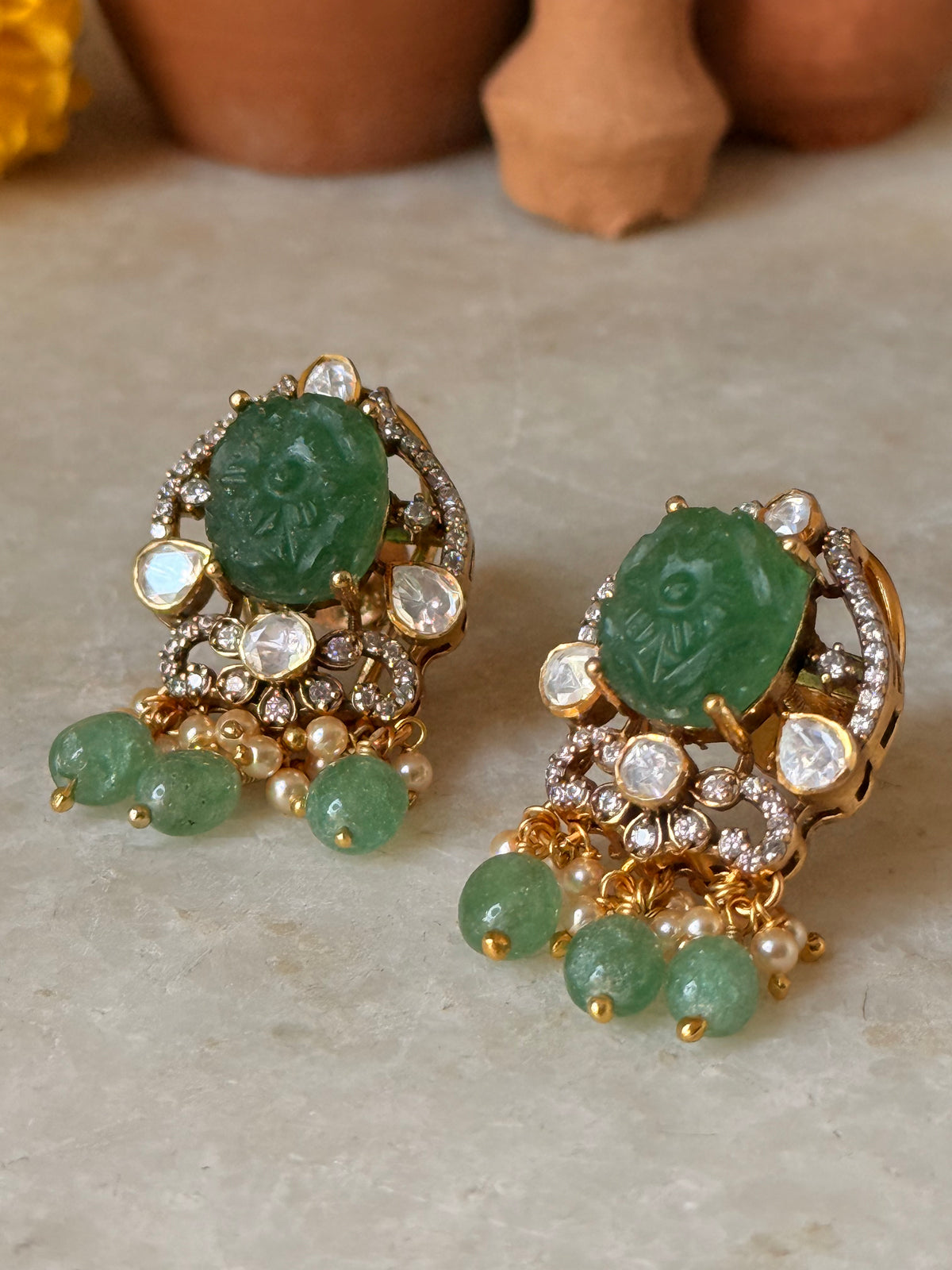 925 Sterling Silver Gold Plated Green Onyx Studs Earrings