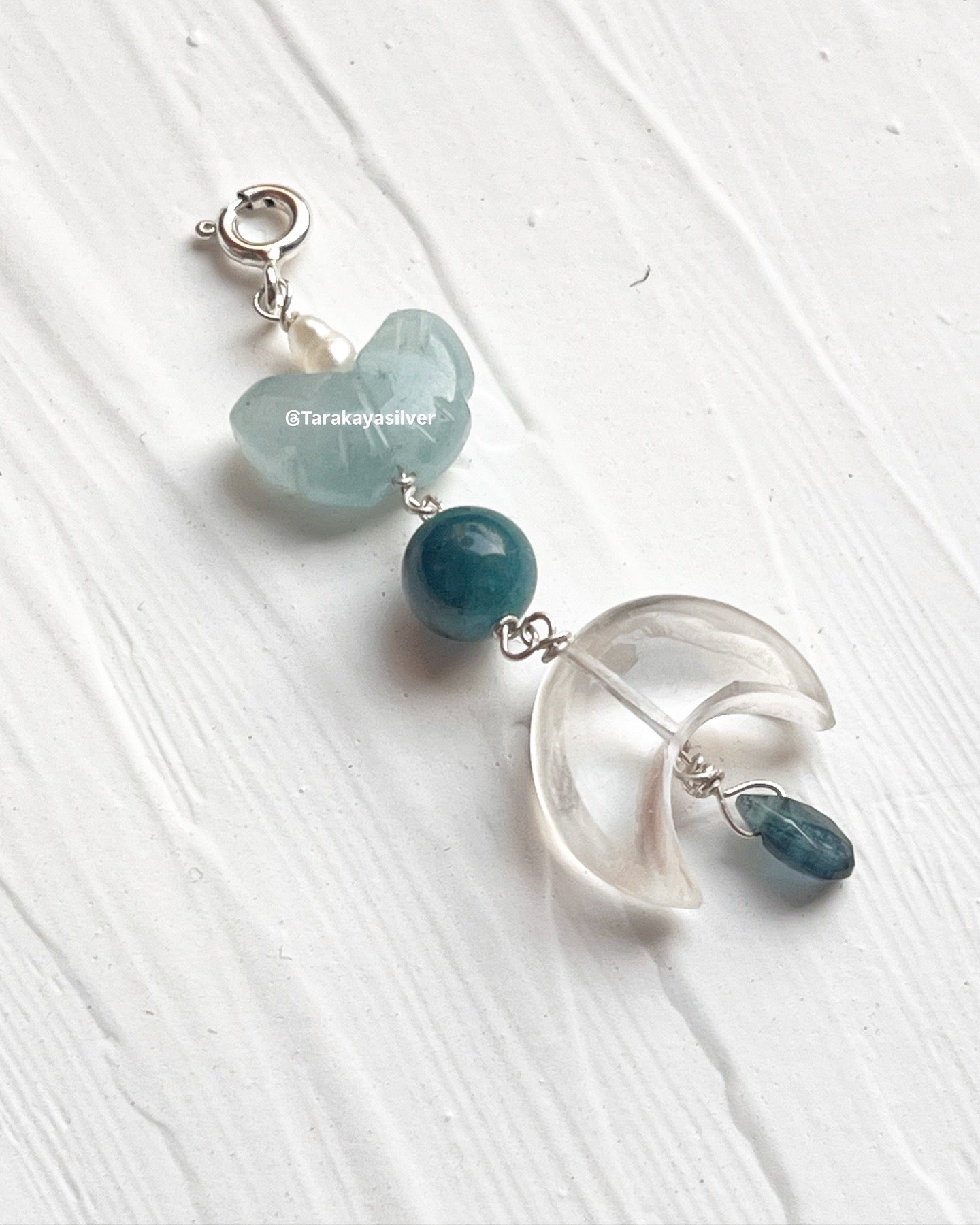 Clear Quartz Crescent Moon, Aquamarine Butterfly & Apatite Round Crystal Handmade Charm 925 Sterling Silver Fresh Water Pearl Necklace