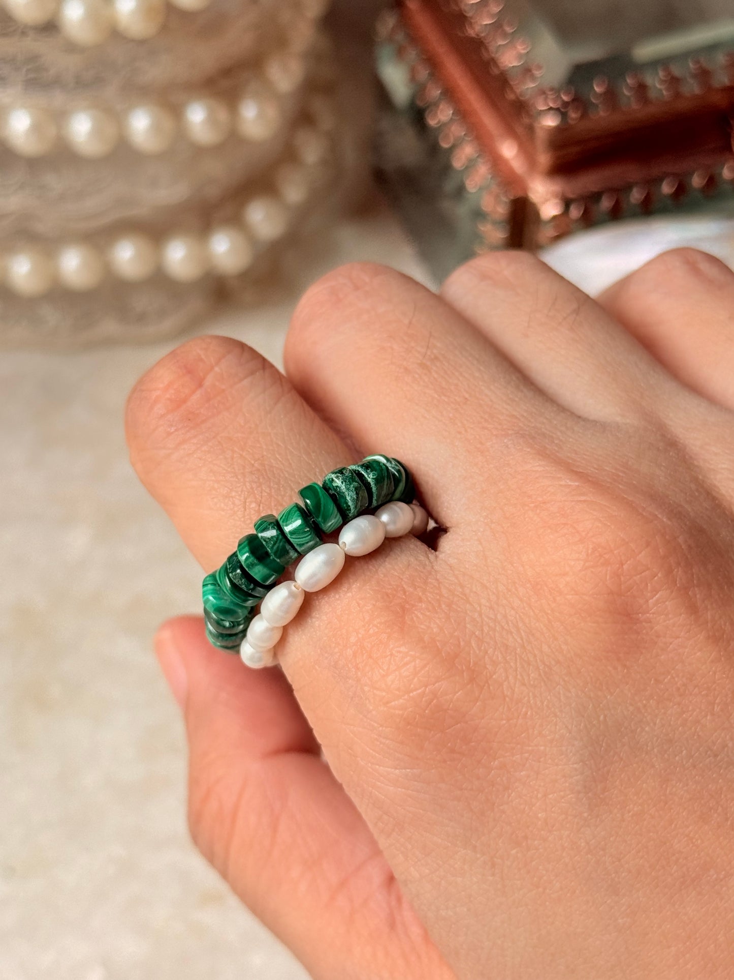 Natural Crystal Stretchy Malachite Flat 3-4mm & Fresh Water Pearl Rings