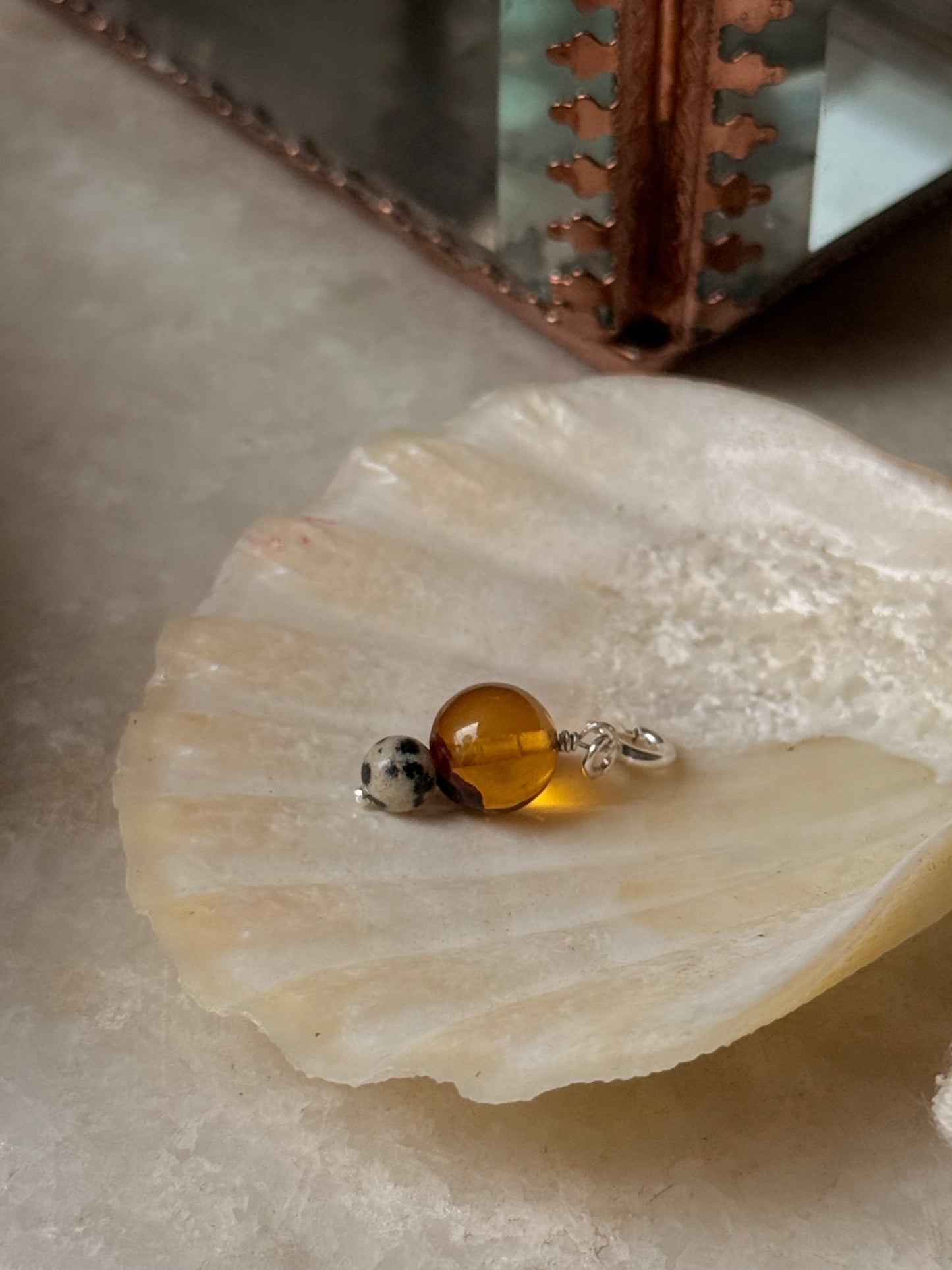 925 Sterling Silver Amber, Dalmantion jasper Crystal Charm