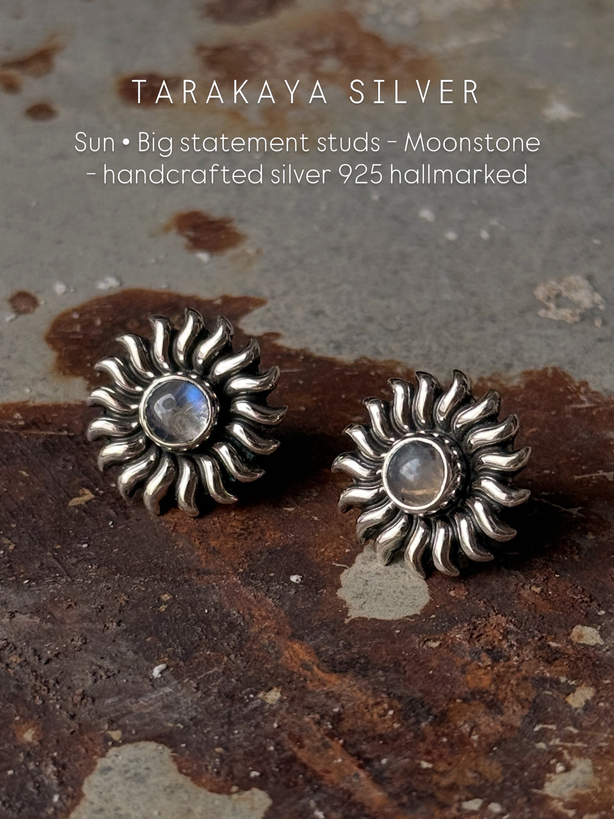 925 Sterling Silver Moonstone Big Sun Stud Earrings