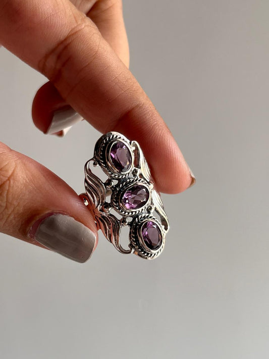 925 Sterling Silver Amethyst 3 Stone Statement Ring