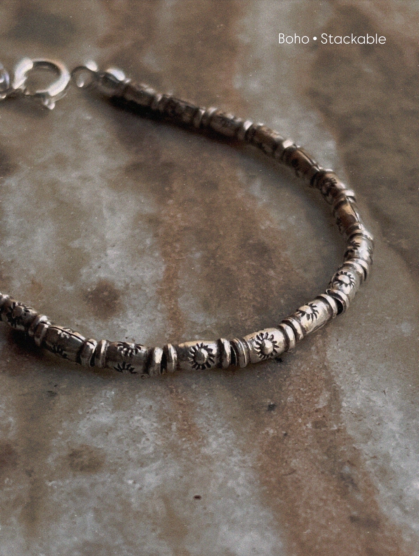 Sun Engraved Cylinder Handcrafted Stackable Sterling Silver 925 Bracelet