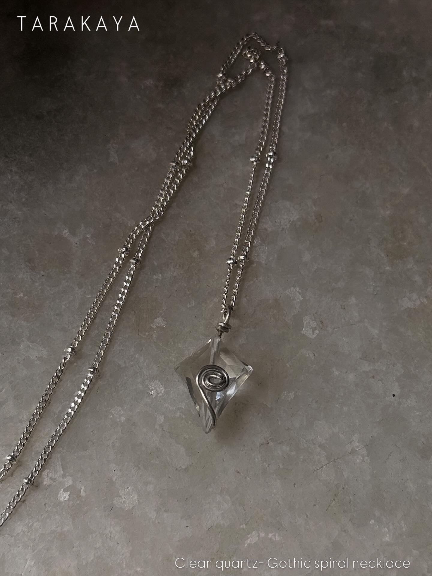925 Sterling Silver Clear Quartz Goth Style Spiral Wire Wrapped Cable Dot Handcrafted Necklace