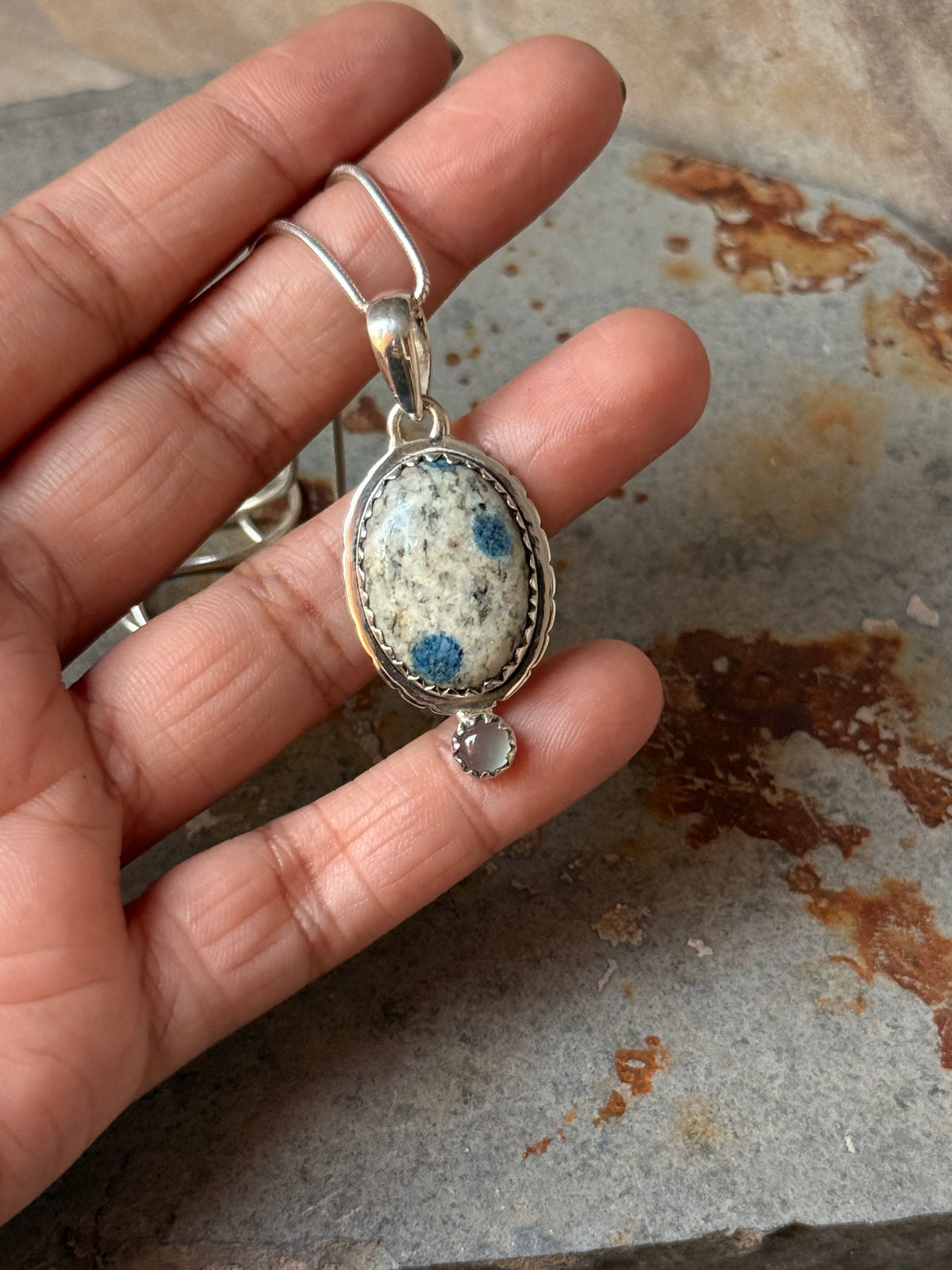 925 Sterling Silver K2 Jasper & Aquamarine Round Handcrafted One of a Kind Oval Pendant